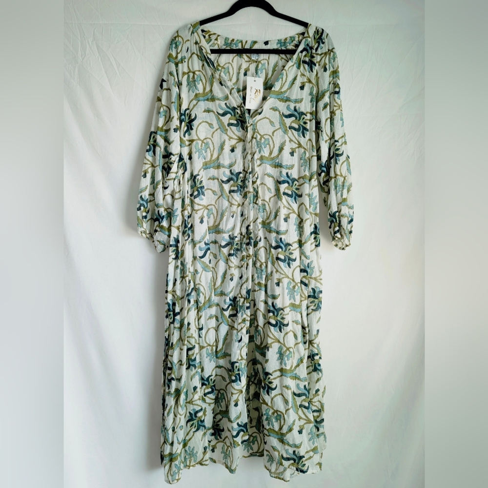 Boho Botanical Block Print Cotton Gauze Midi Dress Small NWT